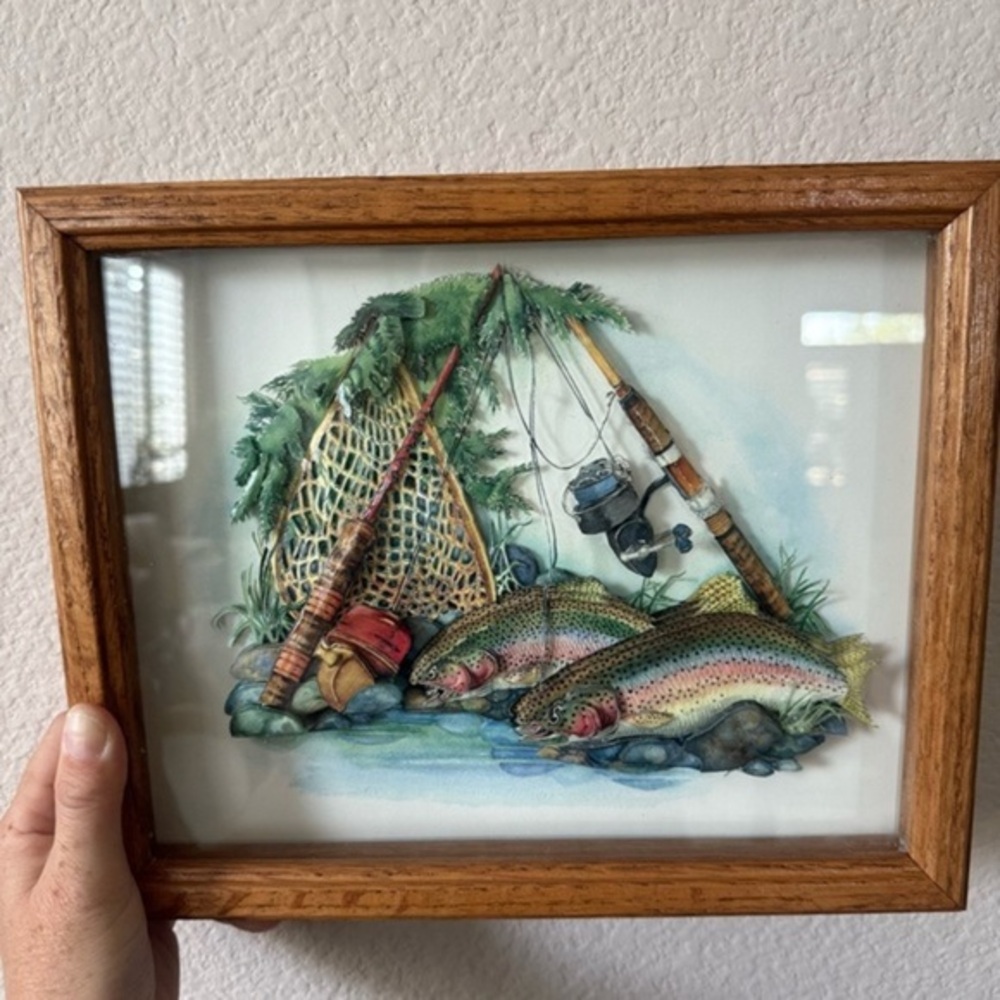 Fishing Art 3D Layered Wall Hanging Oak Frame SIGNED Fisherman Whimsical Art